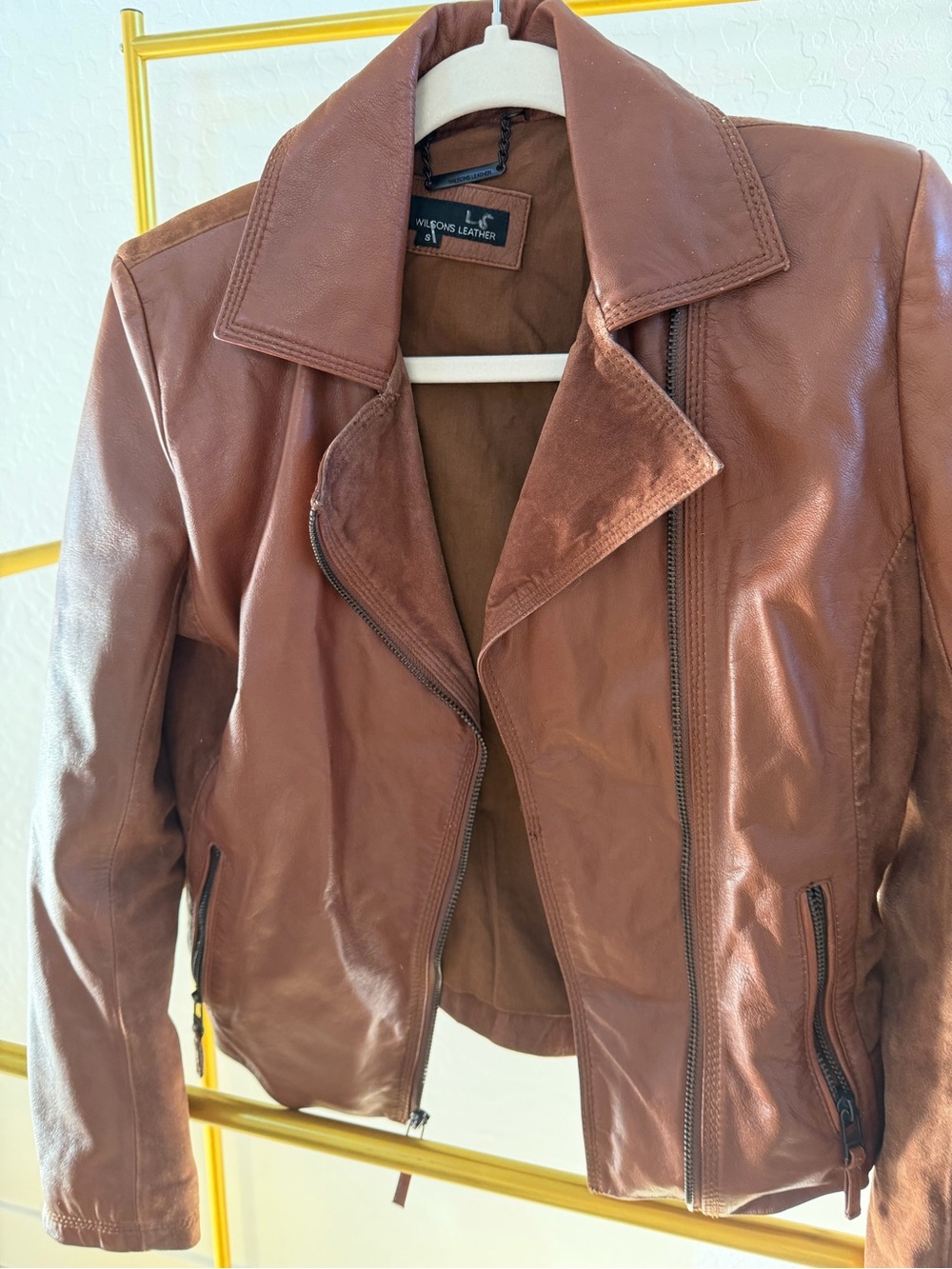 Wilsons Leather Cognac Brown Asymmetric Zip Leather Jacket